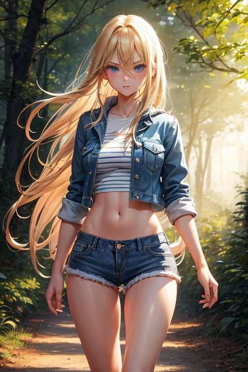Draw a blonde with long hair down to her waist, beautiful blue eyes, very beautiful and delicious. She is wearing a short denim shorts and a short denim jacket. She is walking in the woods on a late afternoon with a reddish sunset. Front view from bottom to top, hair in the wind, Serious facial expression. Big and perky hot ass, hot thighs.