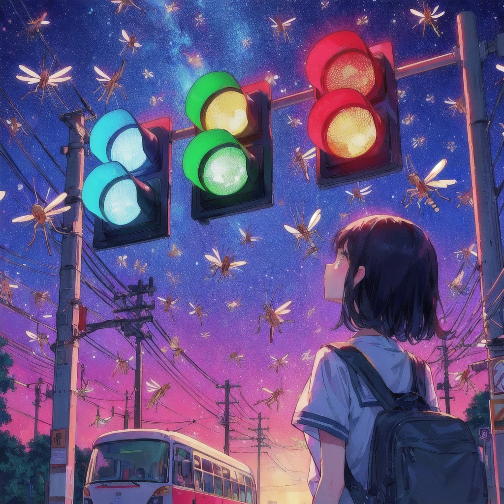 There is a woman standing in the middle of the street with a traffic light.。, A giant mosquito is flying,buzzing fluorescent lights, Album art, !! Stop turning on the light, Chill Hop, Beep daily art, 3840x2160, 3840×2160, Colorful illustration, 80s anime style,realism | Beep, Beep!!