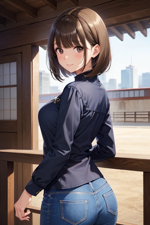 ((masterpiece,Intricate details)),One Girl,Mature Woman,Bobcut,,Brown eyes,smile,,
Blake Classic Denim Pants Midi 、city内、city
((Upper Body)),from ,:1.25,Written boundary depth,Retrospective viewers,Beautiful ass、anegasaki nene、Shiny brown hair, short hair, (Beautiful brown eyes)、smile、Sparkling eyes, (Fine grain)、Ultra-detailed eyes、Highly detailed face, Highly detailed eyes,Cowboy Shot、
