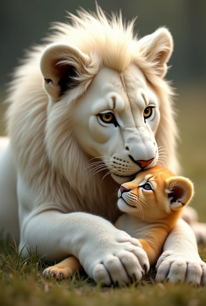 White lion cuddle his amber gold mix color fur cub