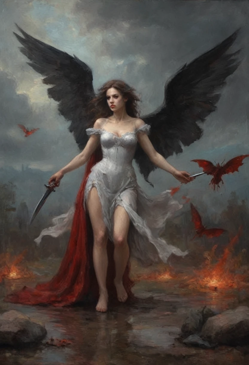 ((Very nice humanoid character young girl)), ((with red eyes of horror)), She is creepy, She is super beautiful, ((Impact meaning - very angry_sexy)), holding a kitchen knife, She is thin, evokes fear, horror, dark, unusually subtle, subtle. Blue fog, evil eye, Glowing eyes, (She is wearing a black ballet dress, short torn.), Located in a park, autumn weather, Cold, Night time, She is in the air, floating, covered in blood, floating, above the ground, 1600s years 02_ Environment in the style of oil painting Art Nouveau, Italian Renaissance masters. A gloomy picture of a battle between an angel warrior and demonic creatures. Luscious oil painting with broad strokes, high detail, pure white skin in the center of the composition. Painting by Bosch, stories by Dante Aligheri, “Divine Hell-Paradise”, chronicles of vampires by Brian Lumley. 02_ High image quality, 4K | Ultra HD | Full HD, cinematic rendering, 3D visualization - a masterpiece, TOP computer graphics ART. Unreal 8K engine, motion capture, dark lighting, strong shading, warm shadows - cool backlight, high detail. (vivid, photorealistic, dramatic, dark, sharp focus, 8K). High detail textures, materials, stone, metal. (shades of gray, red, black, elements, metallic shine, red fire) Film grain, dust and particles in the air.