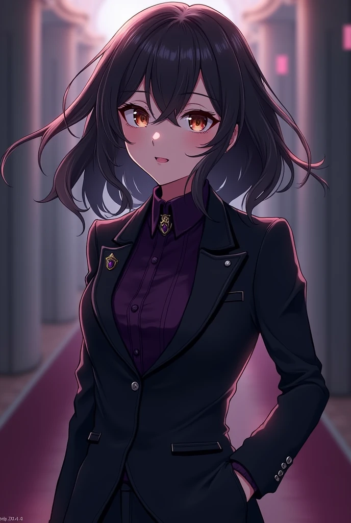 An anime character that looks pleasant but also bad and dangerous with medium-length black hair and light brown eyes wearing a Mashle-style suit, the suit color being black with purple. 
