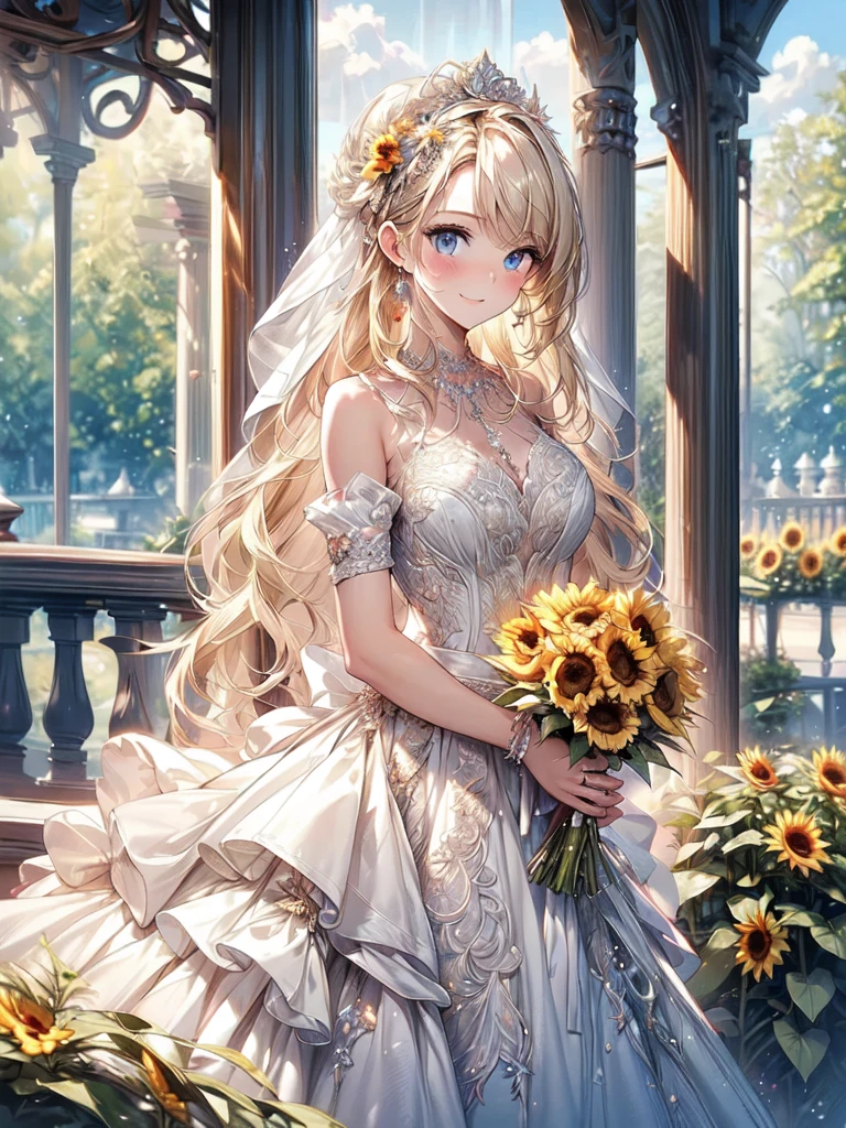 (masterpiece, Highest quality, beautifully、beautiful:1.3), View your audience, One Girl, alone, A light smile, (Compensate, Long Hair, Milk beige hair, blue eyes:1.2), Octane Rendering, Bridal Veil, Lace Trim Dresses, See through, pastel yellow wedding dress, Outdoor, sunflower, garden, morning, Are standing, Very detailed, 