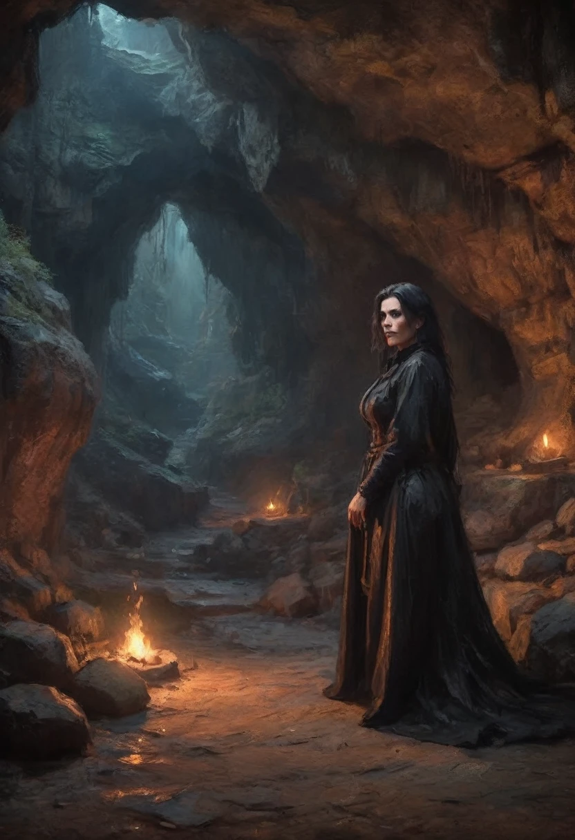 (((masterpiece))), dark atmospheric horror, middle aged sexy cyberpunk witch coven in a cave, _cut,