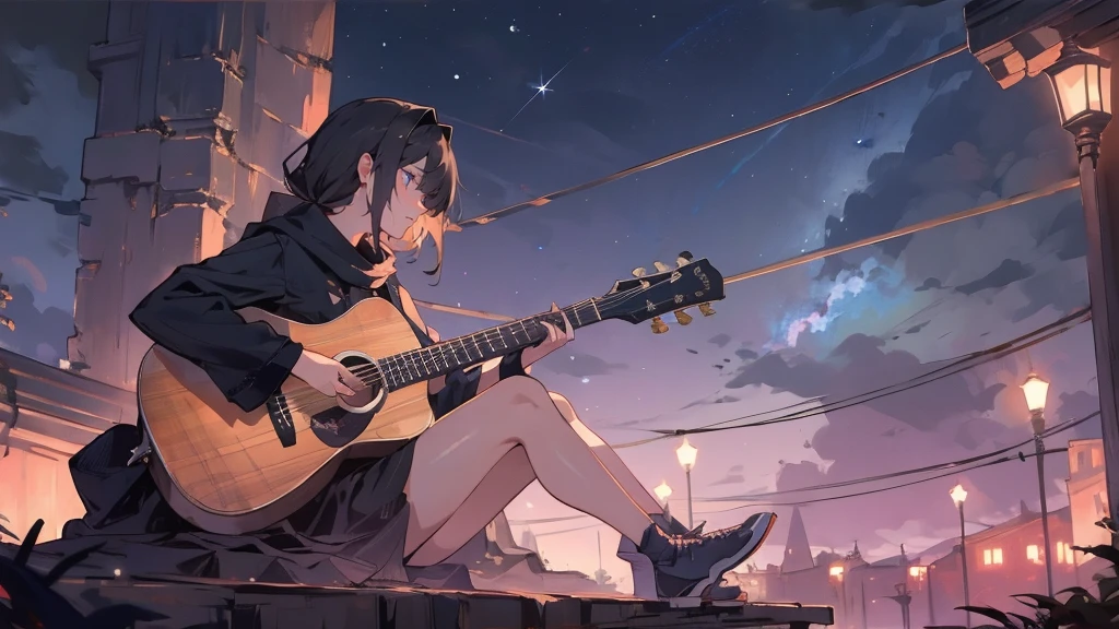 masterpiece,night,(dark alley),star、Night Sky、milky way、octone、
(1. Female), (solo), Knee hugging sitting,acousticguitar