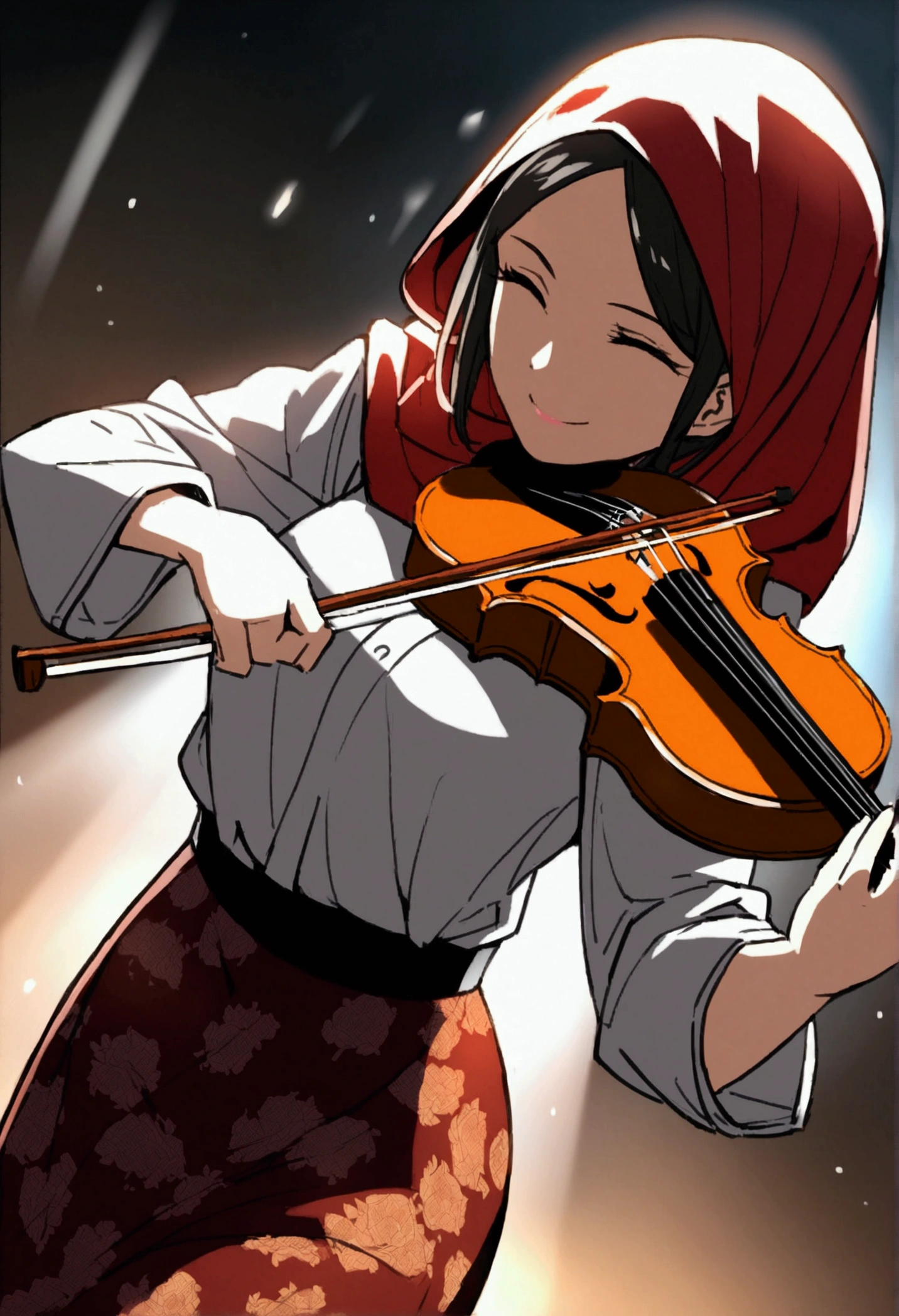 A beautiful Indonesian woman wearing a long red hijab,  wearing a white shirt, wide batik skirt, smiling playing the violin