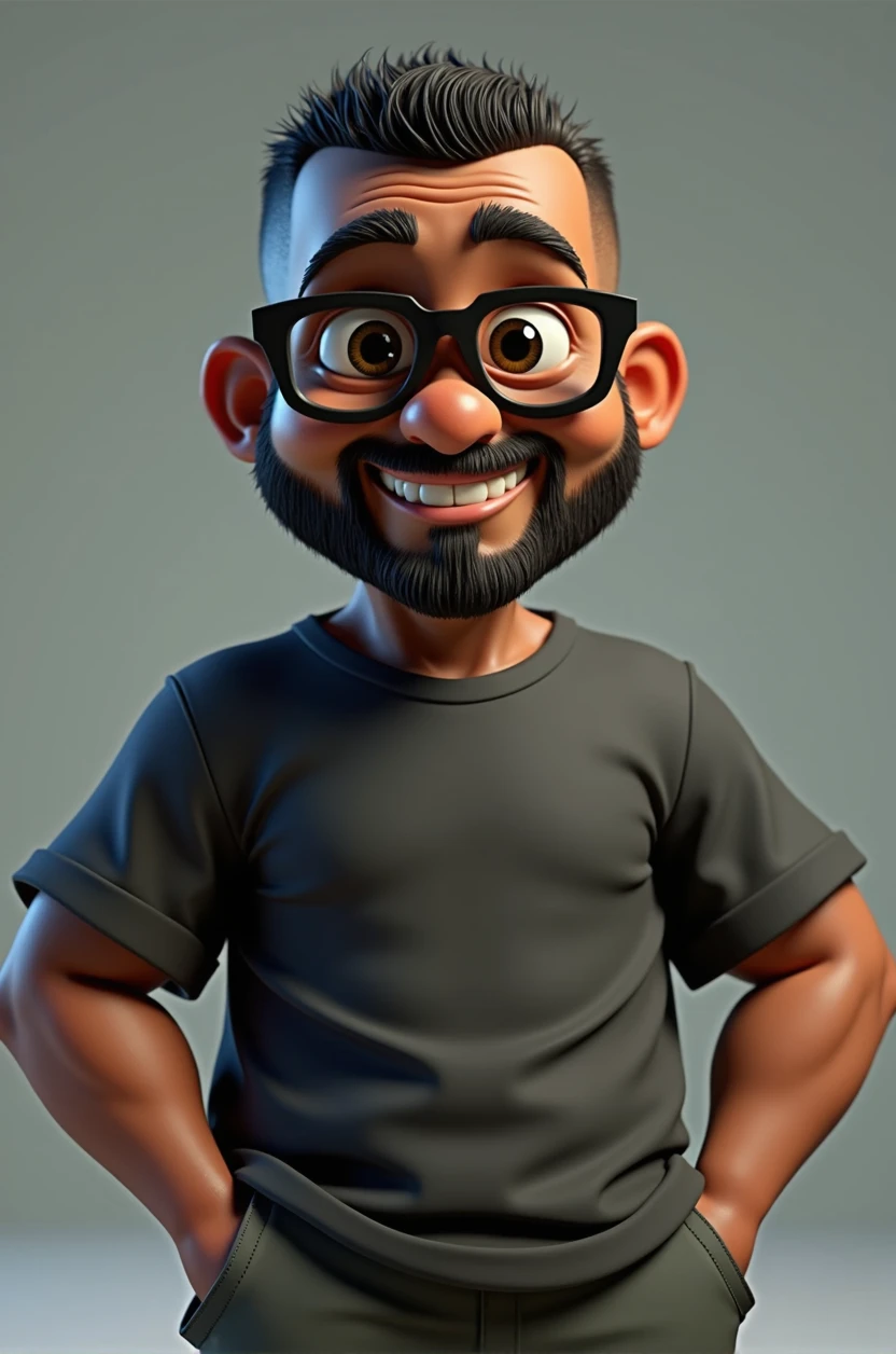 Cartoon character of a middle-aged black man with very short hair pinned behind, wearing black glasses. Stylized character, animation style rendering, 3D stylized, Arnold Maya render, 3D stylized render, toon render Keyshot, 3D character, 3D stylized rendering, cartoon character, character close-up, character pose, Pixar style, high quality, cinematic lighting, sharp focus, detailed texture, detailed skin, clay, bokeh, 8K. The man should have the following characteristics: Middle-aged man with a broad build but not muscular, hands casually relaxed. His skin tone is dark brown with a warm undertone. He has two prominent horizontal wrinkles on the glabella, between his eyebrows, with no horizontal wrinkles on his forehead. His beard is very short, trimmed, and sparse, with more white hairs on the chin and the rest being dark gray. His hair is extremely short on top, styled back, and shaved on the sides. He wears modern black glasses. His eyebrows are thick and well-defined, and his eyes are brown, conveying warmth and friendliness. The man is dressed in an oversized black t-shirt and dark gray pants without a belt. Incorporate the following ancestry characteristics: 43% European (17% Iberian and 17% Western European, including Germany, France, and the Netherlands), 4% Sephardic Jewish, 3% Fennoscandian, less than 2% Balkan and Lapland and Volga-Ural, 41% from the Americas, 9% from the Middle East and Maghreb, and 7% from Africa