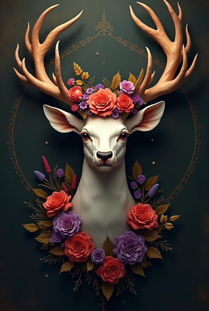 Create only deer head with flowers,mystical warm touch,gothic