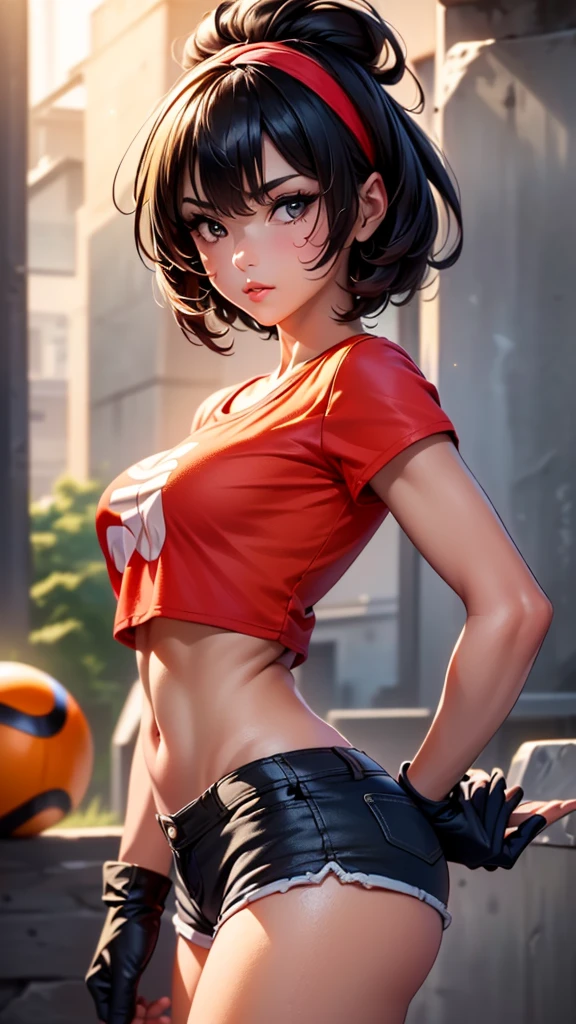 (((best 32k quality))), (((highest 32k quality))), photorealistic, (((perfect anatomy))), (((perfect face))), perfect eyes, (((pandballgt))), 1 girl, black eyes, black hair, short hair, orange headband, (((short shorts))), half-finger gloves, (((red t-shirt, crop top))), ((sexy))