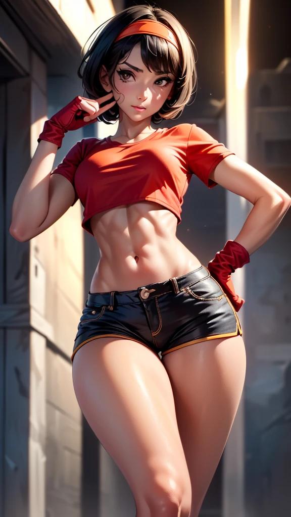 (((best 32k quality))), (((highest 32k quality))), photorealistic, (((perfect anatomy))), (((perfect face))), perfect eyes, (((pandballgt))), 1 girl, black eyes, black hair, short hair, orange headband, (((short shorts))), half-finger gloves, (((red t-shirt, crop top))), ((sexy))