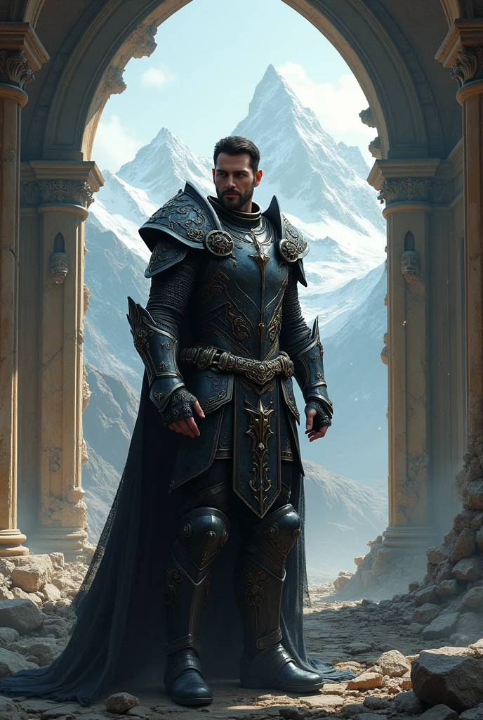 (photorealism:1.2), hansom man, waering chaos fantasy armour rpg character warrior stsndind in a destroyed church in ruins high in the mountains upper body viee dark shadows sorounding him