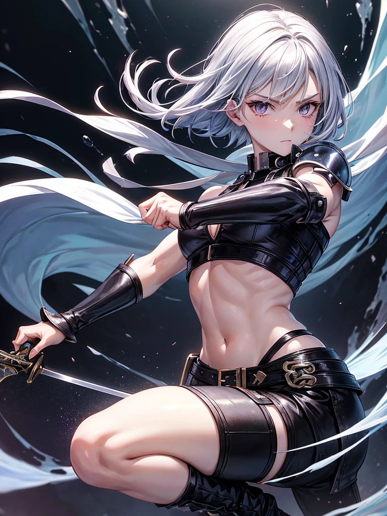 Tomboy style anime girl character in a fantasy world. Appearance: Short silver hair to the shoulders, dark purple eyes, pale skin, strong and muscular body, wearing a black leather armor that reveals the upper body, black leather pants, short boots, and holding a two-handed sword.
Personality: She is a strong, independent and mysterious warrior. She has a bitter past, causing her to fight for survival. She is skilled in using two-handed swords and has high leadership.
Story: Iril grew up in a small village that was destroyed by monsters. She had to escape from the village alone and train herself to become stronger in order to return and take revenge for her village.