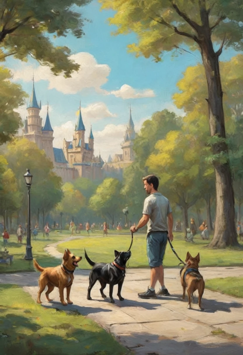 cartoon drawing of two dogs on a leash in a park, animated disney movie inking, published concept art, stylized linework, whole page illustration, by Istvan Banyai, concept art for a video game, by Maksimilijan Vanka, colorkey scene, cartoon concept art
