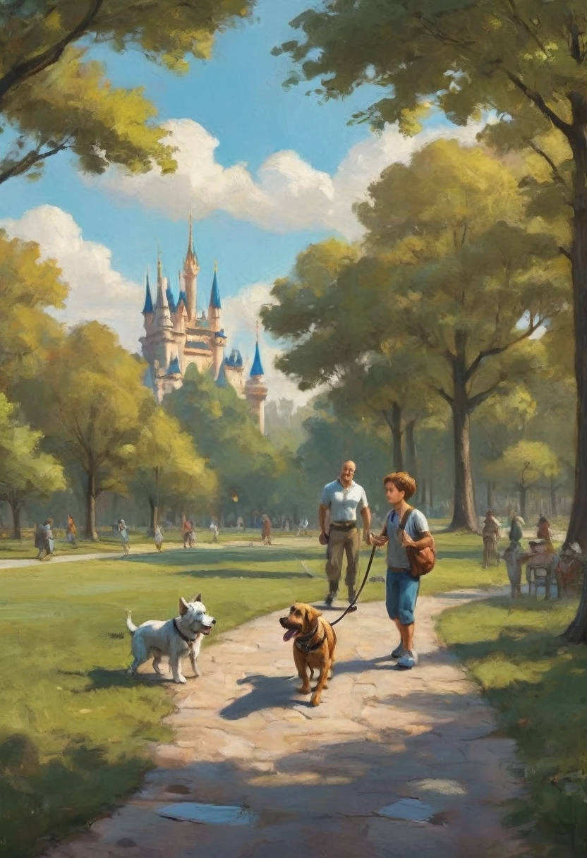 cartoon drawing of two dogs on a leash in a park, animated disney movie inking, published concept art, stylized linework, whole page illustration, by Istvan Banyai, concept art for a video game, by Maksimilijan Vanka, colorkey scene, cartoon concept art