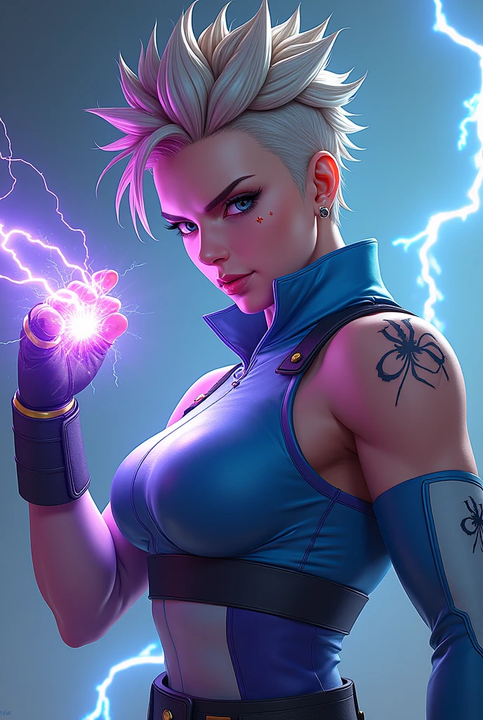 Prompt for Svetlana Volkova’s artwork:

Create a (((masterpiece))) depicting Svetlana Volkova, a kickboxing champion with electric control techniques. Showcase her dynamic combat style, combining swift kicks and powerful electric attacks. The ultra-detailed 8k CG wallpaper should emphasize her distinctive ability to charge electricity in her strikes, causing additional damage and temporary paralysis effects.

Visual details:

	•	Modern combat attire inspired by shades of blue and purple, with luminous electric details.
	•	Special gloves amplifying her electric attacks.
	•	Medium height, athletic physique, and a determined expression.
	•	Short, spiked hair with colored strands that glow during electric power use.
	•	Intense eyes and a facial scar, a testament to past battles.

Background story:
Svetlana Volkova, a former kickboxing champion, sought to enhance her skills through secret electrical techniques learned from a clandestine society. Now entering the Street Fighter tournament, she aims to prove that the fusion of brute strength and electric powers can dominate any opponent. Her determination and impactful presence make her a formidable addition to the Street Fighter world.