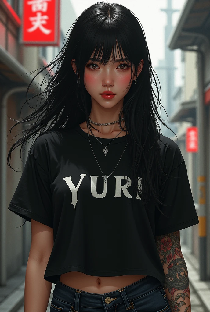 beautiful korean tattoo woman , wearing black t-shirt with Yuri written onit, blue jeans, long black hair,smoking cigarettes, giving yakuza vibes, realistic, intricate details, hard colors