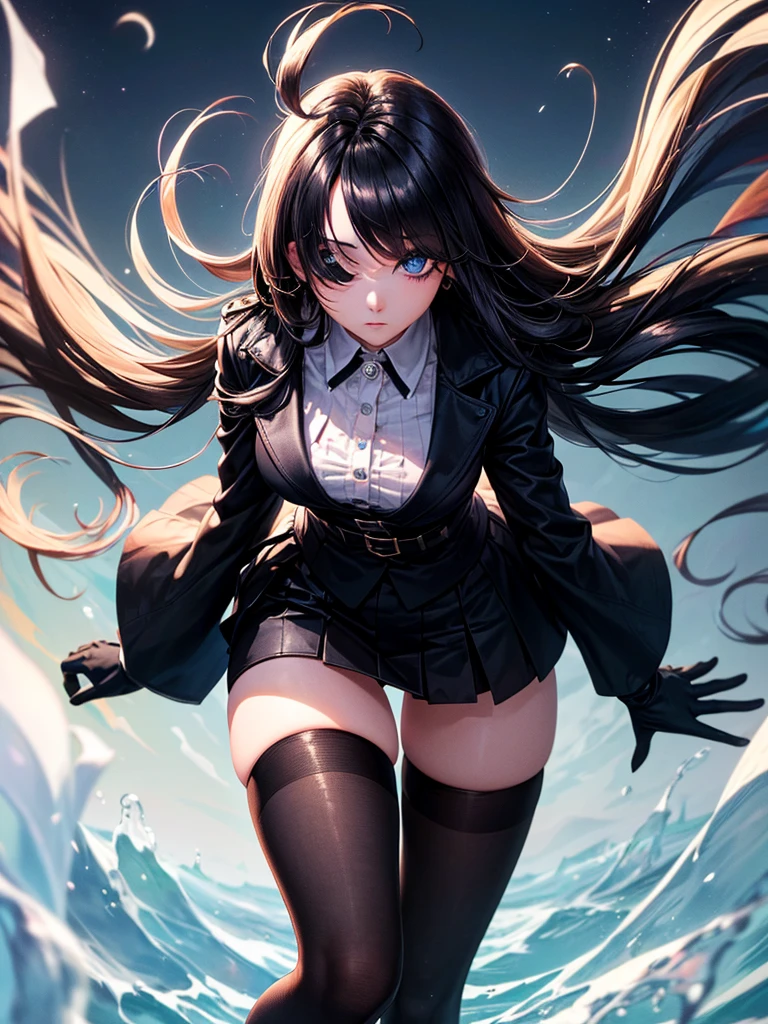 ((Oriental Project)),((masterpiece)),((Highest quality)),((Fascinating)),((alone)),((Deep blue pupils)),((Looking up at the night view from the top of the hill)),((Beautiful Blue Eyes)),((Wearing a black coat)),((Wearing a black mini skirt,She is wearing black tights under her skirt)),((Slim body)),((length, Shiny black hair)),((Her left eye is completely hidden by her bangs)),((Her hair is parted, and you can see her eyes through it)),((Wearing black gloves)),((hair over one eye,long hair)),((Ruthless)),((Complex background)),((Hair blowing in the wind))