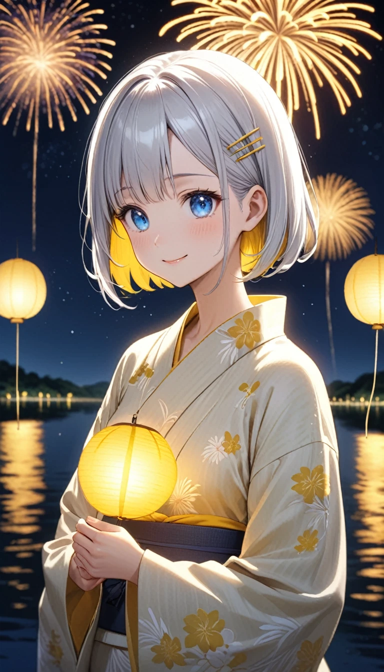 standing in front of a lake with fireworks, Silver bob hair with golden inner color and blue eyes、A cute character wearing a plain yellow yukata with a white obi。There is a yellow hairpin in her hair.、smile。Light up your face in a dimly lit atmosphere。Emotional atmosphere。