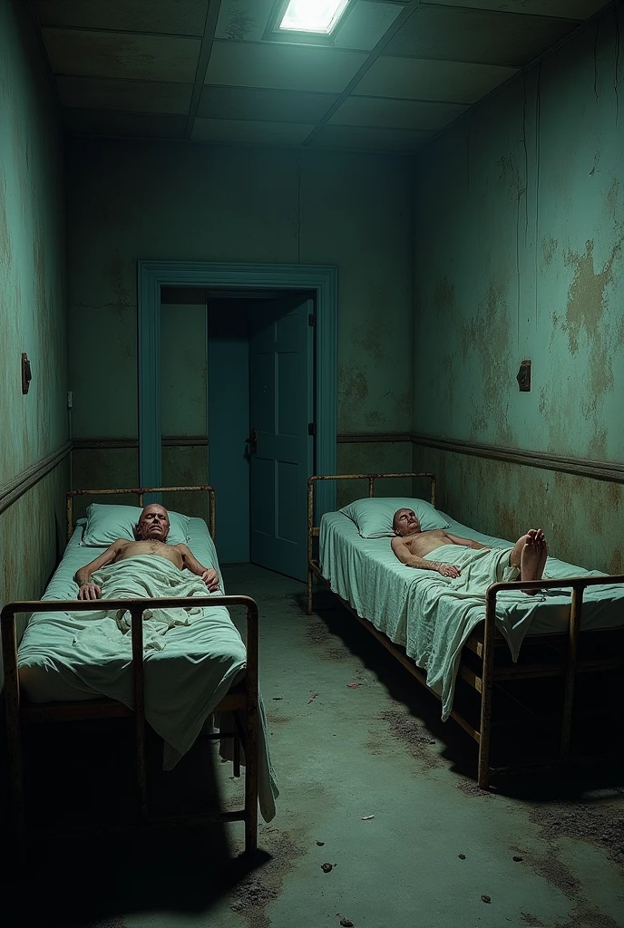 **Prompt:**
"Generate an image of a dark, dilapidated hospital room where three patients are lying on old, rusty beds. The patients appear extremely unhealthy, with gaunt faces, sunken eyes, and visible signs of illness. Their hospital gowns are tattered and stained. The room is dimly lit by a faint, flickering overhead light, casting long, eerie shadows. The walls are cracked and peeling, and there is a layer of dust covering everything. The overall atmosphere should be bleak and oppressive, emphasizing the patients' suffering and the grim environment of the room."