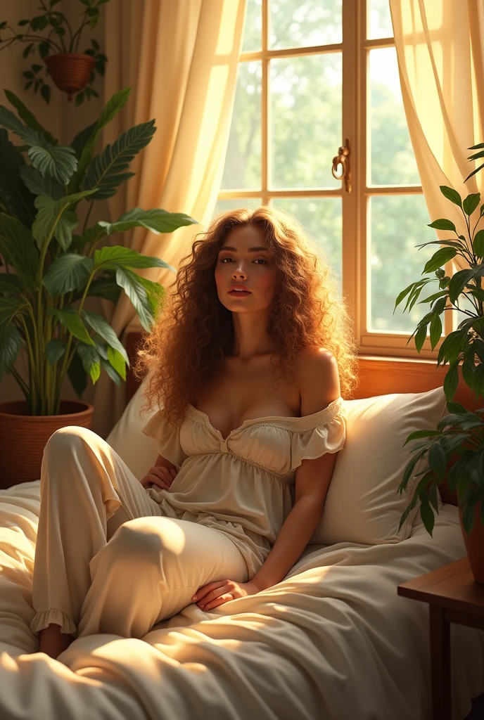 (photorealism:1.2), beautiful woman, sitting on bed, wearing loose off-shoulder top, pajama pants, long curly hair, indoors, soft lighting, plants in background, window with sunlight, cozy room, relaxed pose, realistic, intricate details, warm colors, by Greg Rutkowski, by Alphonse Mucha
