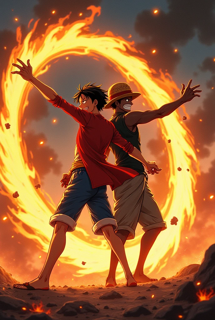Luffy and Ace back-to-back in a heated battle, flames swirling around Ace as he uses his Flame-Flame Fruit powers, and Luffy stretching his arms to strike multiple enemies. They are fighting on a burning island, with smoke and fire everywhere, both of them fiercely determined to protect each other.