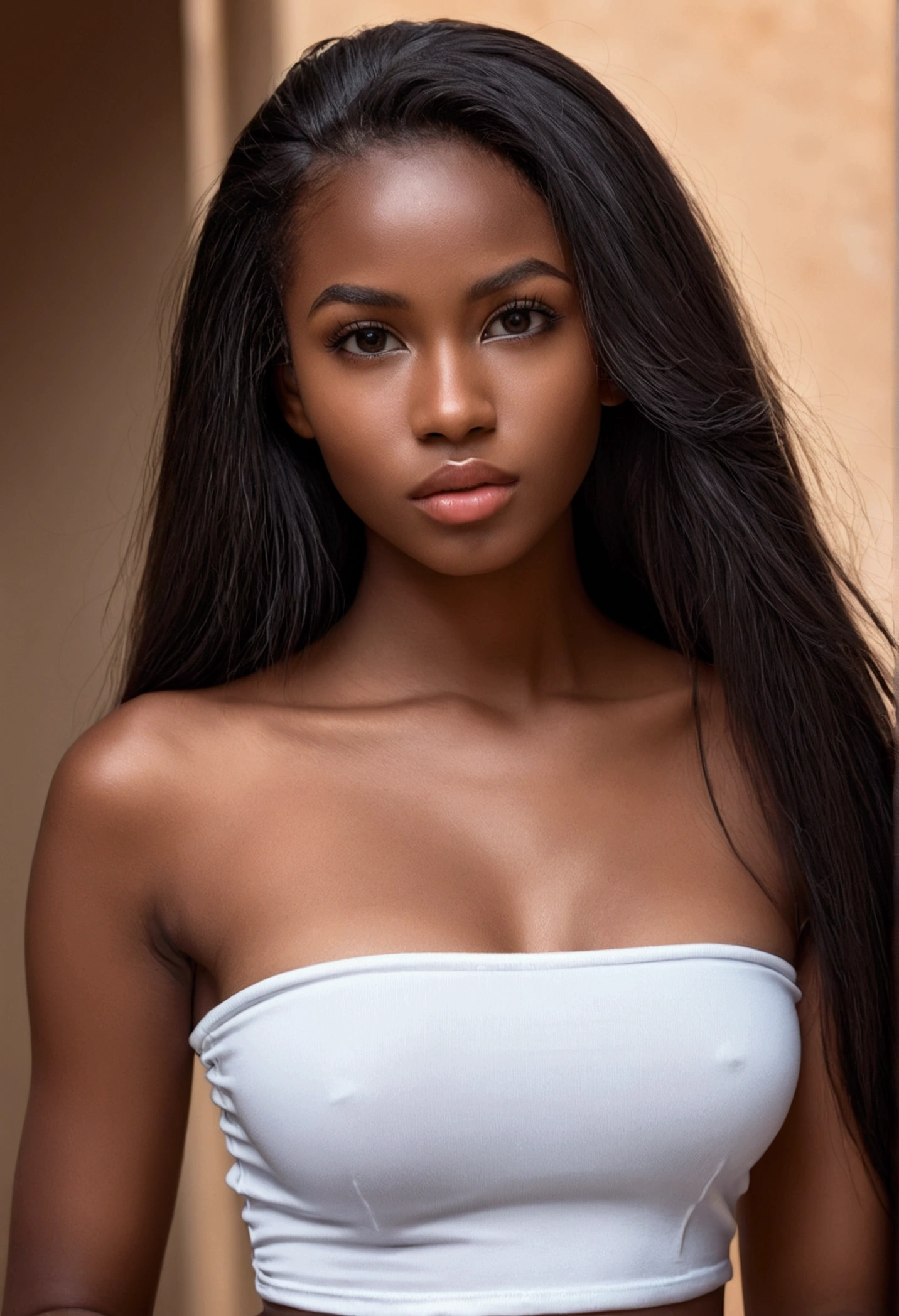 Kizi, young Africana, black, long hair, age 24 years , female perfection, full glossy lips, perfect body, straight black hair, brown eyes, hyper realistic, raw photography, canon eos r5, influencer, selfie, perky breast, white strapless top