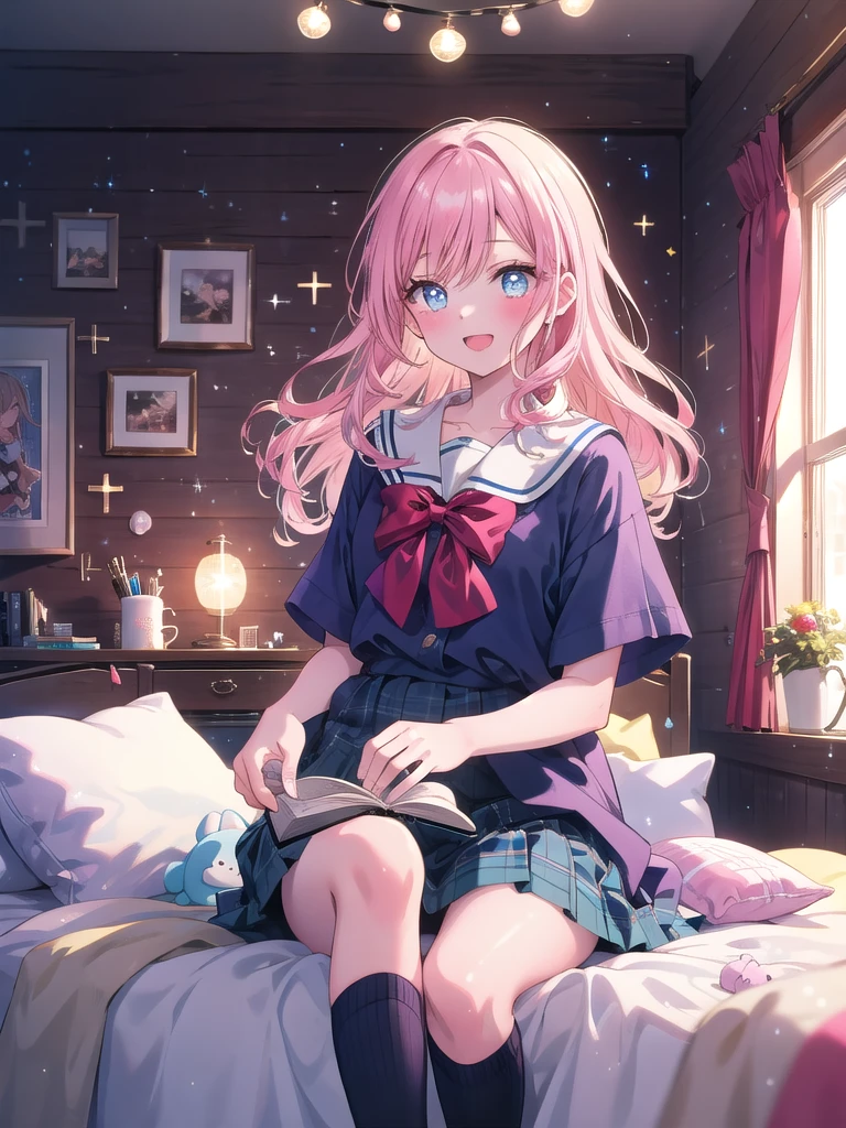 ((8k, Highest quality, masterpiece: 1.3)),Ultra-high resolution,(1 girl, alone), (Color changing eyes, Ultra-detailed, Expressive brilliance, Glitter, Glowing Eyes), Highly detailed eyes, Highly detailed face, Random Hair, ((pastel colour)),A cheerful young woman with shoulder-length pastel pink hair, styled in loose waves, sitting cross-legged on her bed in her cozy dorm room. The room is softly lit by warm, string lights hanging above her bed, creating a relaxed evening atmosphere. She is dressed in a classic schoolgirl cosplay, wearing a pleated navy-blue skirt, a white blouse with a red ribbon, and knee-high socks. Her bed is covered with fluffy pillows and a soft, pastel-colored blanket. The camera captures her from a slightly elevated angle, focusing on her as she holds up a manga book, her eyes sparkling with excitement. Around her, there are various anime posters on the walls, and a small collection of plushies neatly arranged on a shelf by her desk, adding to the room's cute and personal vibe.