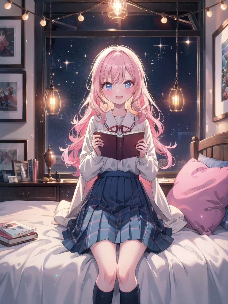 ((8k, Highest quality, masterpiece: 1.3)),Ultra-high resolution,(1 girl, alone), (Color changing eyes, Ultra-detailed, Expressive brilliance, Glitter, Glowing Eyes), Highly detailed eyes, Highly detailed face, Random Hair, ((pastel colour)),A cheerful young woman with shoulder-length pastel pink hair, styled in loose waves, sitting cross-legged on her bed in her cozy dorm room. The room is softly lit by warm, string lights hanging above her bed, creating a relaxed evening atmosphere. She is dressed in a classic schoolgirl cosplay, wearing a pleated navy-blue skirt, a white blouse with a red ribbon, and knee-high socks. Her bed is covered with fluffy pillows and a soft, pastel-colored blanket. The camera captures her from a slightly elevated angle, focusing on her as she holds up a manga book, her eyes sparkling with excitement. Around her, there are various anime posters on the walls, and a small collection of plushies neatly arranged on a shelf by her desk, adding to the room's cute and personal vibe.