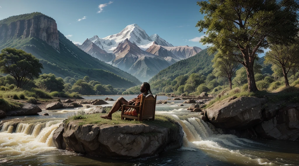 Create realistic image of the land of Shumba, where the majestic mountains kissed the sky and the rivers flowed like lifeblood. Showing ancient African king in his throne.