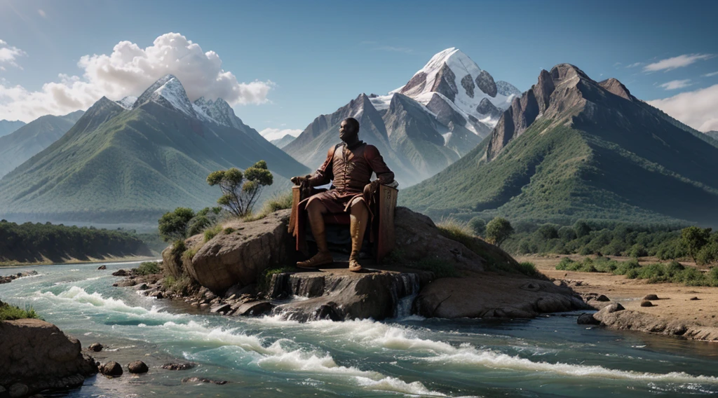 
Create realistic image of  the land of Shumba, where the majestic mountains kissed the sky and the rivers flowed like lifeblood. Showing ancient African king in his throne. 