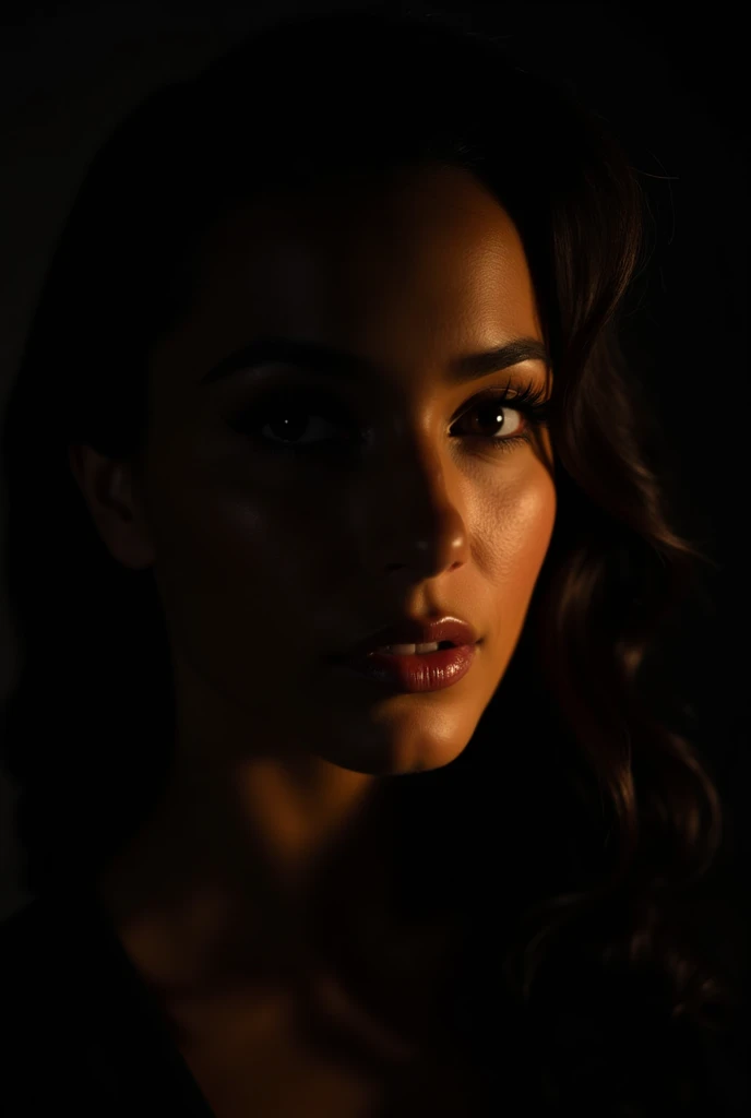 A dramatic close-up portrait of a beautiful woman, expertly lit to play with shadows and highlights, creating a striking contrast that enhances her features. The image captures her face from a three-quarter angle, emphasizing the sharp lines of her jaw and the gentle curve of her cheekbones. The lighting is low-key, with a single, focused light source that casts deep, mysterious shadows on one side of her face, while the other side is bathed in a soft, golden glow. Her eyes, partially hidden in shadow, are captivating and intense, drawing the viewer in with their depth and emotion. The texture of her skin is subtly highlighted, with the light picking up the fine details and adding a sense of realism and intimacy to the portrait. Her lips, slightly parted, catch the light just enough to reveal their natural color and shape. The background is a deep, velvety black, which not only contrasts with the light but also adds to the overall mood of the image, creating a sense of mystery and allure. The composition is tight and focused, with the frame filled almost entirely by her face, allowing every detail of the interplay between light and shadow to be the focal point of the image