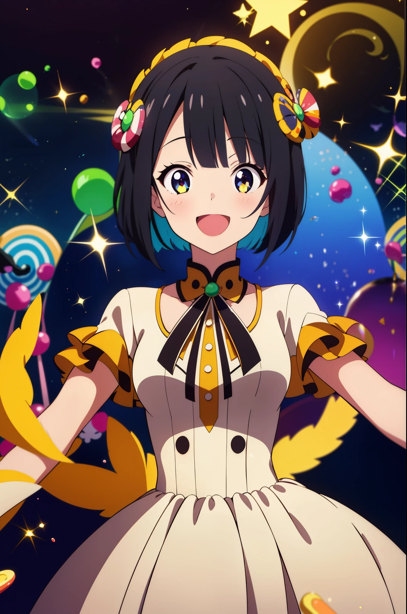 1 girl, black hair, bob cut, sweet fairy dress, random cute face, super happy smiling, open mouth, zoom camera, sweet candy , lots of bubbles, glitters, haerts, chocolate, feathers, land of sweets
, anime_coloring,anime_keyvisual, colorful,vivid