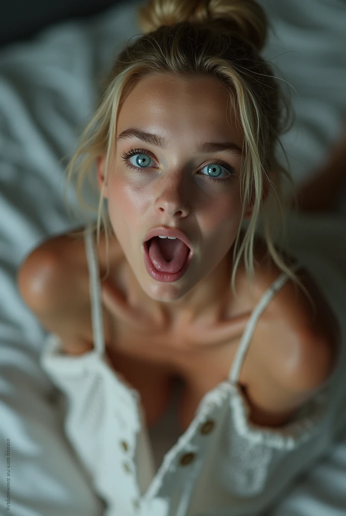 A beautiful blonde with blue eyes and straight, wet hair and her face covered with many beads of sweat is sticking out her tongue in a very sensual way , the camera must focus on his imposing face, perfect body with light blue lingerie, she is lying face down on her bed,the scene must be cinematic type in a warm and sensual environment, very perfect high resolution image