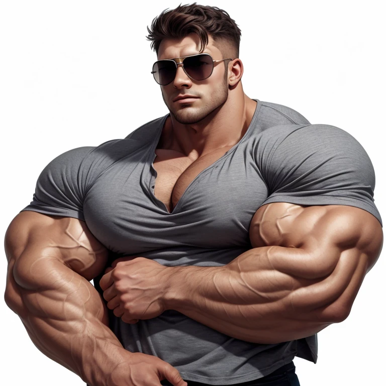 brutalmass, a very handsome young man, sunglasses, gray shirt, exaggeratedly muscular, on a white background