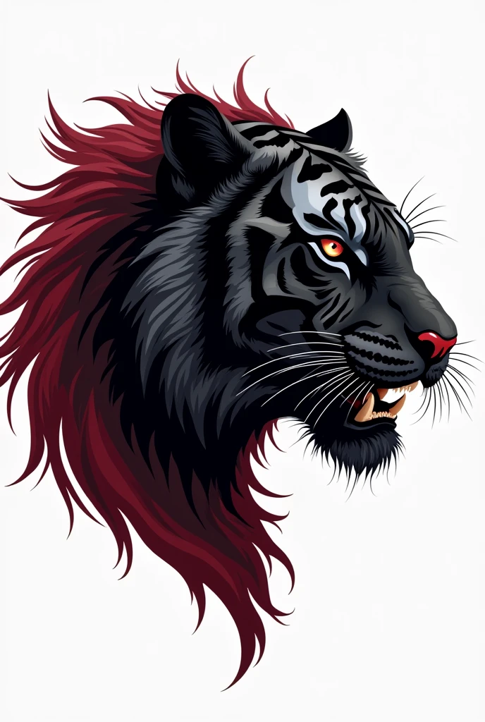 create image of a roaring tiger in black colors, red and wine for a logo with a white background, just your head to the side, predominantly black I want more black than red I want less hairy