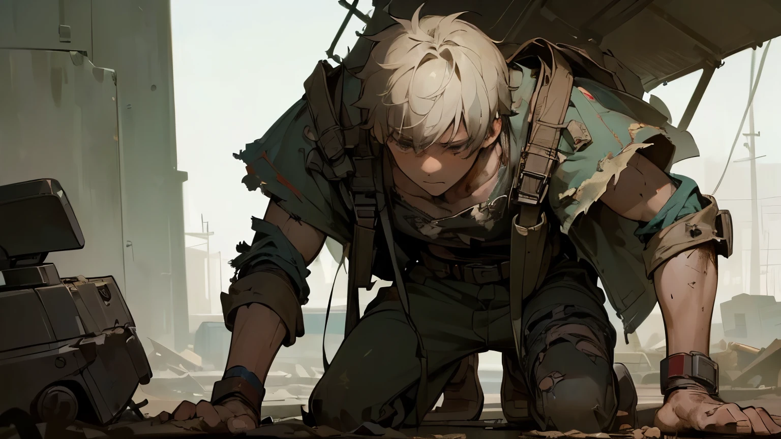(((masterpiece,Highest quality))),(((A boy in the shabby guise of a hero, desperate with worn-out equipment.))),alone,Focus on the whole body,(high quality),アニメ