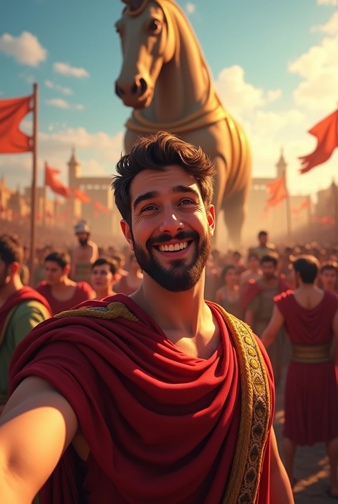Create a scene showing a selfie being taken during a festival in ancient Troy. The selfie is being taken by a man in traditional robes, who is smiling and holding the smartphone up with one hand. In the background of the selfie, the Trojan Horse is being rolled into the city gate, partially visible among the crowd. The other revelers are also visible, enjoying the festivities, with colorful banners and lights illuminating the scene.The perspective should be from the smartphone's front camera, capturing the man’s face clearly in the foreground, with the Trojan Horse and festival background slightly blurred behind him. Use warm, festive lighting to highlight the contrast between the man’s cheerful expression and the subtle hints of the Trojan Horse in the background. The selfie should have a slight lens distortion to mimic the effect of a smartphone camera."