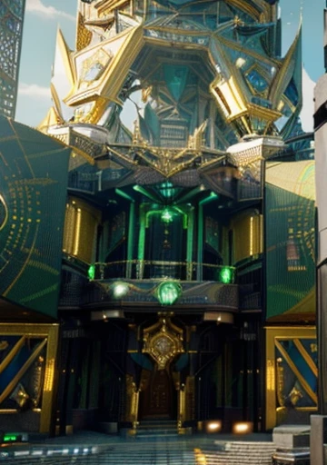 A beautiful palace ; cyberpunk aggressive design; external; 3 rendering; ultra realistic; uhd; masterpiece ; the light wheel of time in top of it; High like a skycraper; time themed; green Golden and White; beautiful; boor style; photo realistic; 8 k; futuriatic