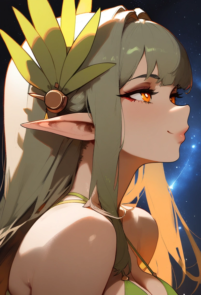 1girl, muelsyse \(arknights\), arknights \\\\\ masterpiece, best quality, very aesthetic, absurdres, newest ///// nyantcha, cutesexyrobutts, khyle ////// orange eyes, elf ears ///// simple background, space background, lime bikini, greenery, 18 years old girl, thin waist,solo, stars, ^_^, portrait, detailed face, bare neck. profile, night sky, star sky