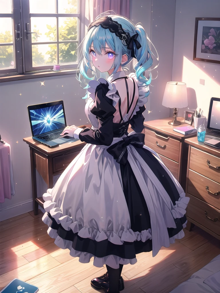 ((8k, Highest quality, masterpiece: 1.3)),Ultra-high resolution,(1 girl, alone), (Color changing eyes, Ultra-detailed, Expressive brilliance, Glitter, Glowing Eyes), Highly detailed eyes, Highly detailed face, Random Hair, ((pastel colour)),A focused young woman with pastel blue hair tied into twin tails, standing in front of a full-length mirror in her bedroom during a sunny afternoon. She is adjusting the lace details of her maid cosplay outfit, which consists of a black dress with white frills, a matching apron, and a small headband. The camera captures her from behind, with the reflection in the mirror showing her concentrated expression as she perfects her look. Her room is bright and airy, with sunlight streaming through the window, casting soft shadows on the hardwood floor. On her bed, there are a few open boxes filled with different cosplay accessories, and a laptop on her desk displays an open video tutorial on cosplay makeup.