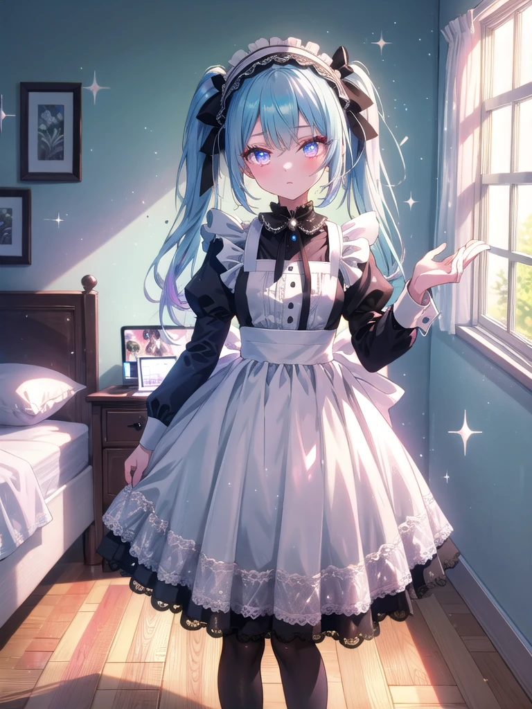 ((8k, Highest quality, masterpiece: 1.3)),Ultra-high resolution,(1 girl, alone), (Color changing eyes, Ultra-detailed, Expressive brilliance, Glitter, Glowing Eyes), Highly detailed eyes, Highly detailed face, Random Hair, ((pastel colour)),A focused young woman with pastel blue hair tied into twin tails, standing in front of a full-length mirror in her bedroom during a sunny afternoon. She is adjusting the lace details of her maid cosplay outfit, which consists of a black dress with white frills, a matching apron, and a small headband. The camera captures her from behind, with the reflection in the mirror showing her concentrated expression as she perfects her look. Her room is bright and airy, with sunlight streaming through the window, casting soft shadows on the hardwood floor. On her bed, there are a few open boxes filled with different cosplay accessories, and a laptop on her desk displays an open video tutorial on cosplay makeup.