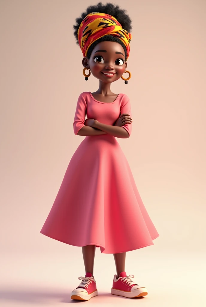 A highly detailed 3D African American woman. Wearing a beautiful long sleeves pink round dress with sneakers. She has an African turban on the head. Full body image. Pixar, Disney like. Plain background. A kids influencer