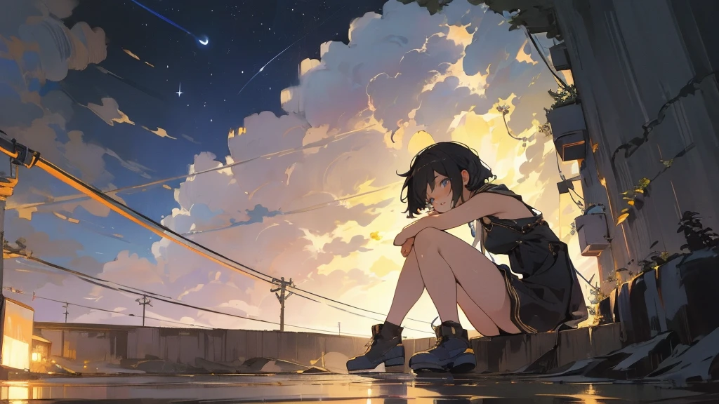 Anime girl sitting on a rock looking at the sky,Tower piercing the distant sky, Makoto Shinkai cyril rolando, Anime art wallpaper 4 k, Anime art wallpaper 4k, Cyril Rolando and Goro Fujita, Anime art wallpaper 8 k, Anime wallpaper 4K, anime wallpaper 4 k, Anime Wallpaper 4K, ( ( Makoto Shinkai ) ), Makoto Shinkai!