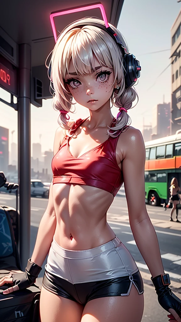 1girl, innocent, alone, ((waiting a bus:1.5)), (view_from_front:1.5), (instagram yanakryukova), (seductive_facial_expression:1.4), sweety, cute, kawaii, perfect face, galactic_young_princess, ((little breasts, flat_chested, small chest:1.6)), ((little nipples, natural nipples)), top model figure, (skinny), (perfect little ass, round ass, long legs, slim legs), pale skin, soft skin, caucasian ager, slender girl, natural make-up on eyes only, perfecteyes, black_eyes, (innocent_looking:1.4), oval jaw, freckles, natural_beauty, (white hair, bright pink hair, dreadlocked pigtails, long bangs, drill hair), ((she is wearing a white transparent lace bodysuit, print white cotton leggings, white transparent lace hoodie, lace collarbone, cleavage cutout, cameltoe, and techwear high boots)), ((wearing an intricate detailed techwear white outfit)), ((cute neon head accesories:1.6)), punk_hair_ornaments, pastel_goth, punk, fantasy_princess, necklace, earring, cute 18 years old girl, skinny young girl, white theme, (bokeh, depth of field, blurry background, light particles, fog), ((detailed sci-fi cyberpunk bus stop background:1.6)), ((real life, realistic, profesional photography, photo_realistic, hyper_realism, ultra-detailed)), photography by Tim Walker, Tim Walker masterpiece, best_quality, 8K, soft tones, pastel tones, low saturation, (contrast:0.3), muted colors, cold light, neon, Ex_Machina_movie, studio light, (((best 32k quality))), (((highest 32k quality))), photorealistic, (((perfect anatomy))), (((perfect face))), perfect eyes, (((pandballgt))), 1 girl, black eyes, black hair, short hair, orange headband, (((short shorts))), half-finger gloves, (((red t-shirt, crop top))), ((sexy))