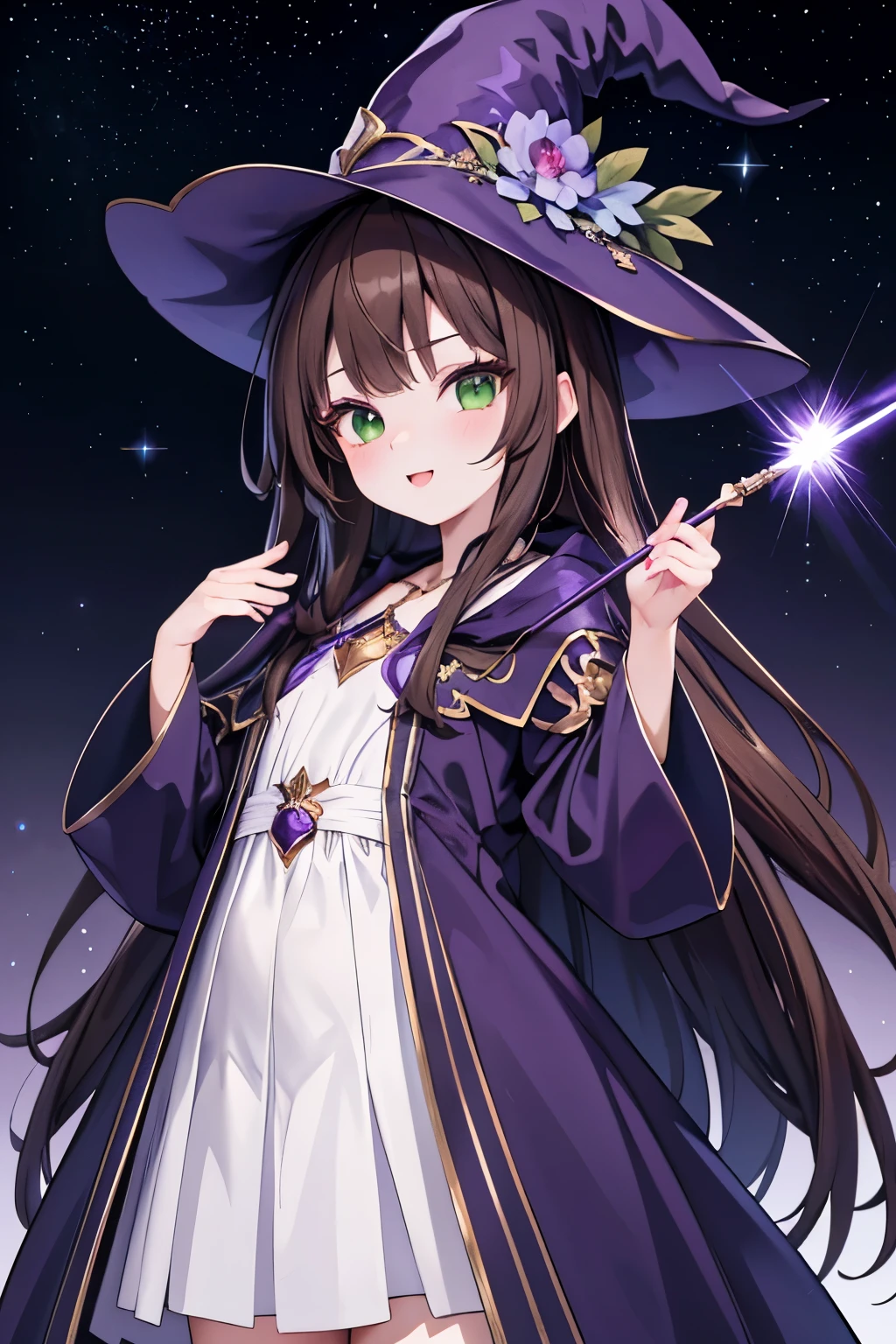 ((masterpiece, Highest quality, High resolution, 超High resolution, Pixel perfect, Written boundary depth, 4K, RTTX 10.0, High resolution))), 1 girl, single, alone, Beautiful Anime Girls, Beautiful art style, Anime characters, ((Shortcuts, bangs, Dark brown hair)), ((Green Eyes:1.4, Round eyes, Beautiful eyelashes, current eyes)), ((Smooth texture:0.75, Anime CG style)), ((Dynamic Angle, close)), Perfect body, (pretty girl), Normal chest, whole body, ((4K, 8k, Highest quality, Perfect Fingers: 1.3, Perfect Anatomy: 1.3, Background Blur)), whole bodyアングル, Illustration of a girl cosplaying, Characters wear fantasy-style wizard costumes, The costume is a deep purple robe and a pointed hat., With a magic wand in his hand, Posing happily, The background is a fantasy-like night sky., The stars are shining, The overall image is a fusion of fantasy and fun.