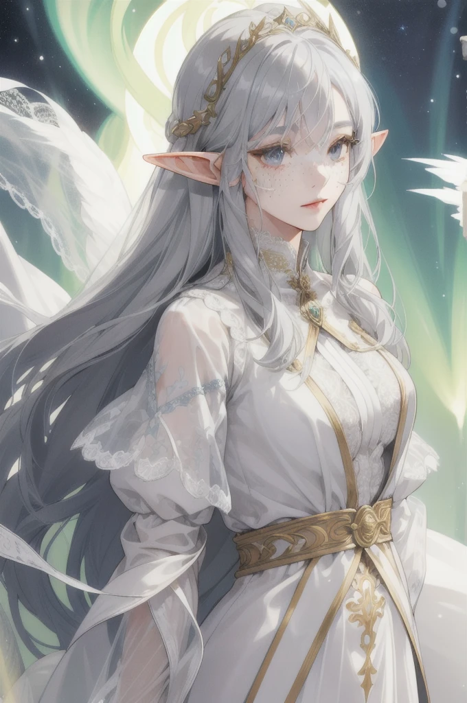 (Absurd, High resolution, Super detailed), (One girl:1.3),whole body、Character portrait、Elf、Gray Hair、Hair that shines like the aurora、Long Hair、freckles、White lace that hides the eyes、Goddess-like white attire、Gold Accessories、