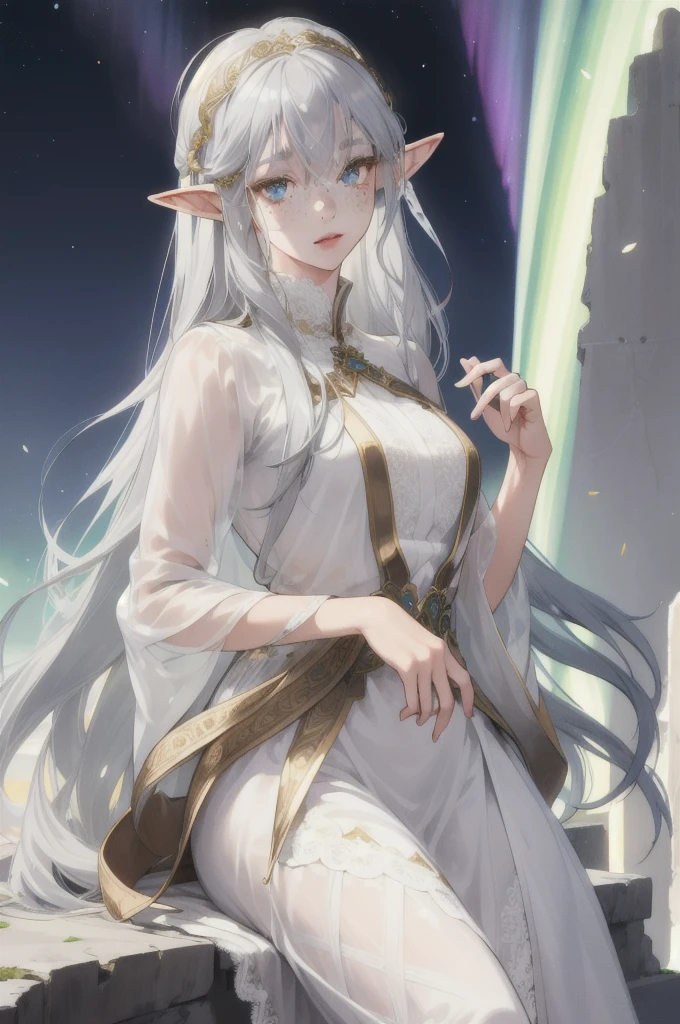 (Absurd, High resolution, Super detailed), (One girl:1.3),whole body、Character portrait、Elf、Gray Hair、Hair that shines like the aurora、Long Hair、freckles、White lace that hides the eyes、Goddess-like white attire、Gold Accessories、