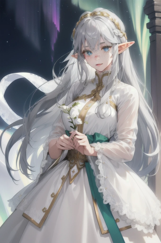 (Absurd, High resolution, Super detailed), (One girl:1.3),whole body、Character portrait、Elf、Gray Hair、Hair that shines like the aurora、Long Hair、freckles、White lace that hides the eyes、Goddess-like white attire、Gold Accessories、