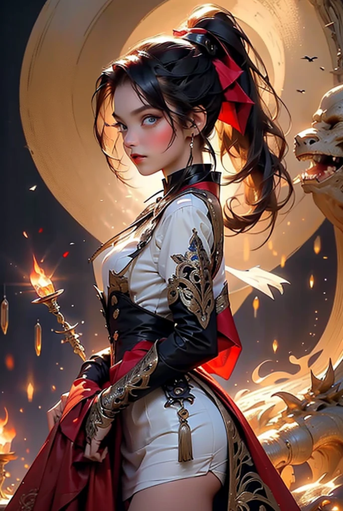 (((masterpiece, of the highest quality, super detailed))), (digital art), (a witch belonging to an occult order of knights), (a knight crossed with a witch), Victorian era inspired, ((minimal but intricate beautiful armour)), (Fluttering lace flared dress with frilly petticoats), ((Bloodbourne inspired)), (big forhead:1.2), (((dark hair, ponytail, thick ponytail, heavy ponytail))), (((Very sharp focused eyes))), ((small breasts)), very long eyelashes, occult aesthetic, (red and white clothing detailed and intricate steampunk and detailed gothic), (with a hood), complex lace boots,