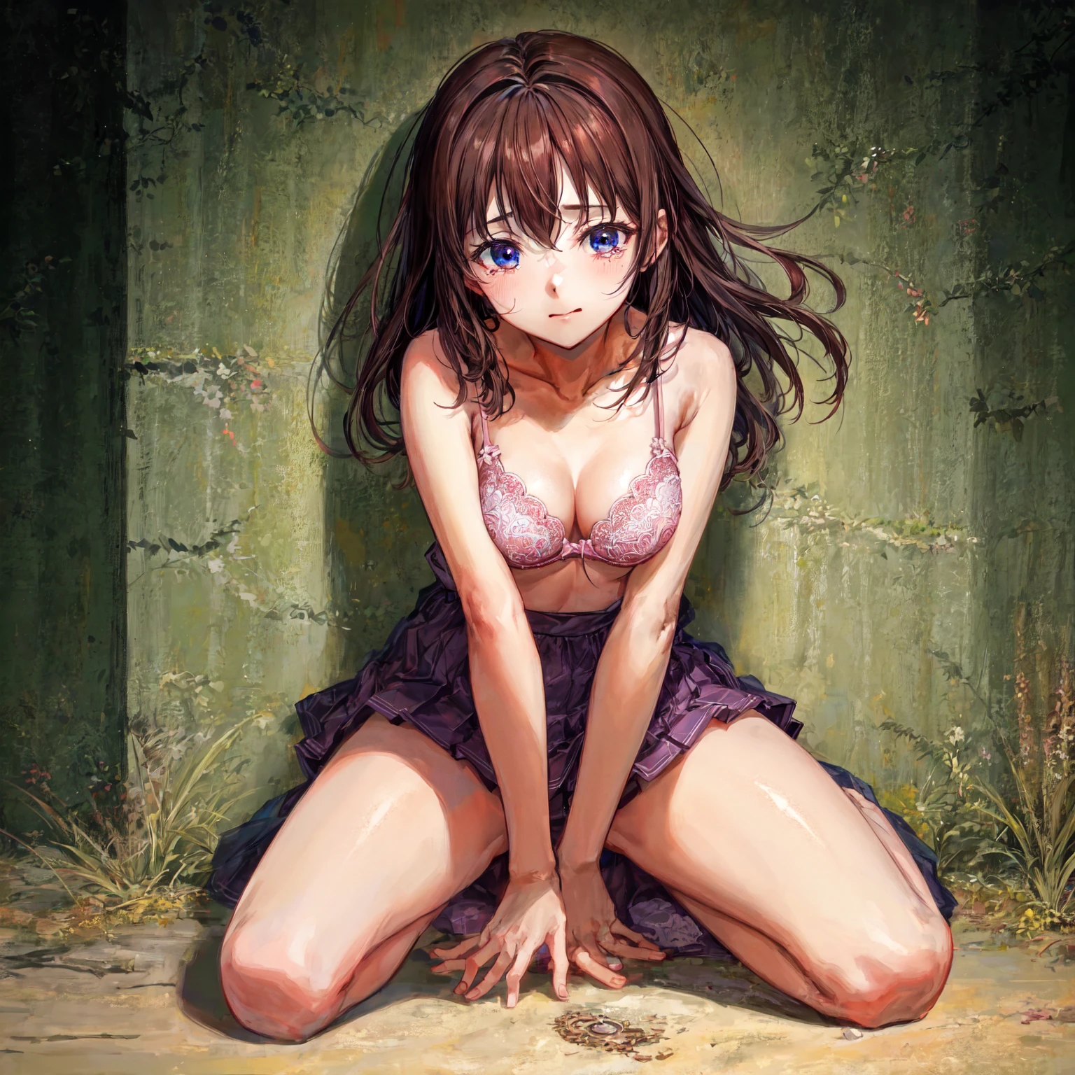 closed mouth,Very detailed, CG, 8k wallpaper, wonderful, In detail, (masterpiece:1.5, Highest quality), (Intricate details, Depth of written boundary), Dynamic posture,Upper body down,Pink Bra,night,crying,Put your hands on the wall,His arms are tied in chains,fear,Dark Ruins,Spread your legs,fat,Thick legs,I'm on my knees,sneakers,Loose-fitting shirt,Pleated skirt,Photoreal 1;4,brown hair,full body ,portrait1;4, {{beautiful large size breasts 1:4}}, high quality panties,{{schoolgirl}},top quality,cute girl,high quality background, slanted eyes, detailed shirt chest wrinkles,BREAK, {{beautiful blue eye1:4}}, Accurate 5 fingers
